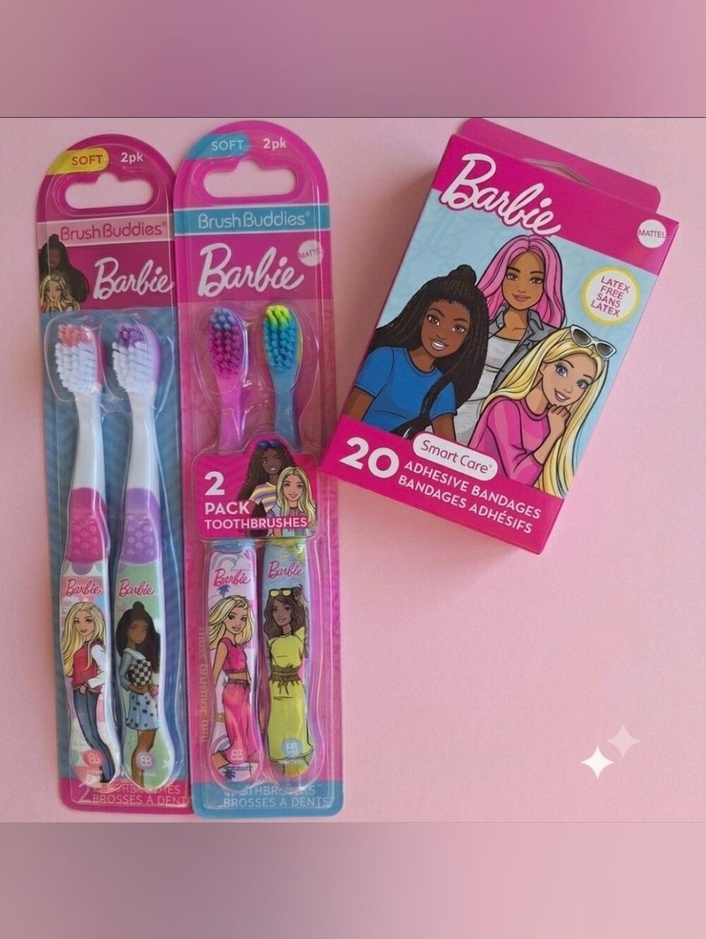 BARBIE soft toothbrushes (4) & BARBIE colorful bandaids (20)